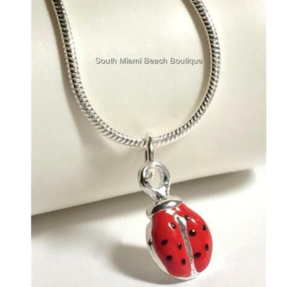 Silver Ladybug Necklace Pendant Red Black Enamel - Picture 2 of 8